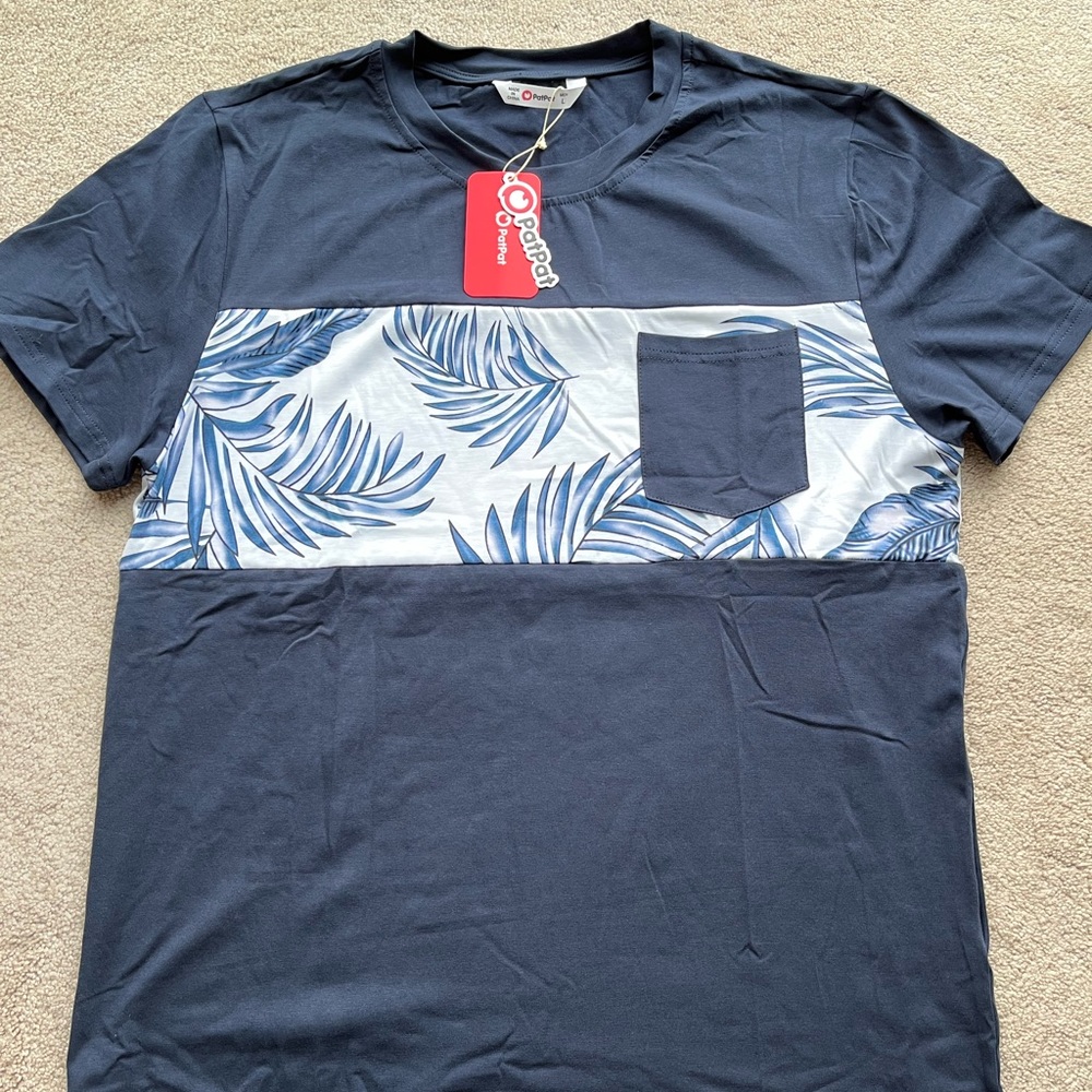 Pat Pat Mens Beach Blue Palm Island Vacation T-shirt with Pocket
